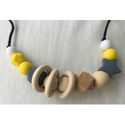 Collier d'allaitement et portage en bois et silicone Jaune et gris